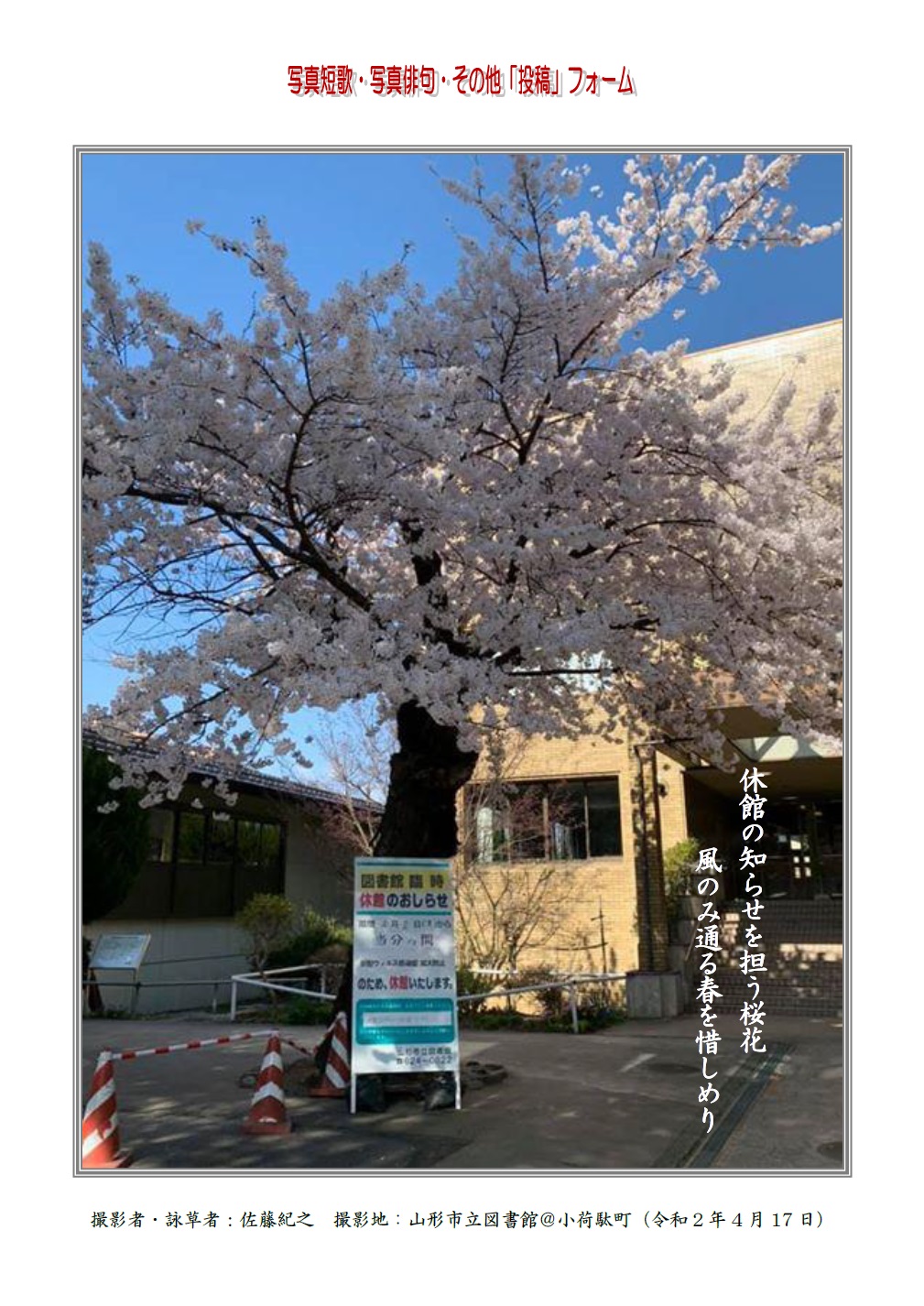 休館の知らせを担う桜花風のみ通る春を惜しめり